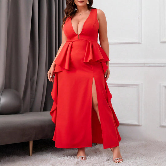 Damen Elegantes Abendkleid mit schwingendem Saum und tiefem V-Ausschnitt R&B