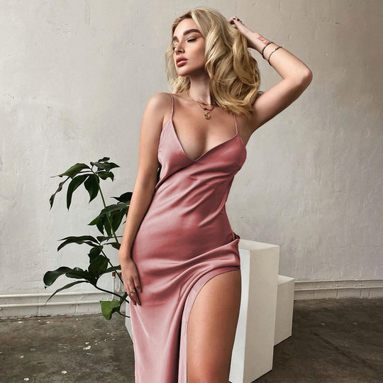 Damen elegantes Maxikleid mit tiefem Schlitz und zarten Spaghettiträgern R&B