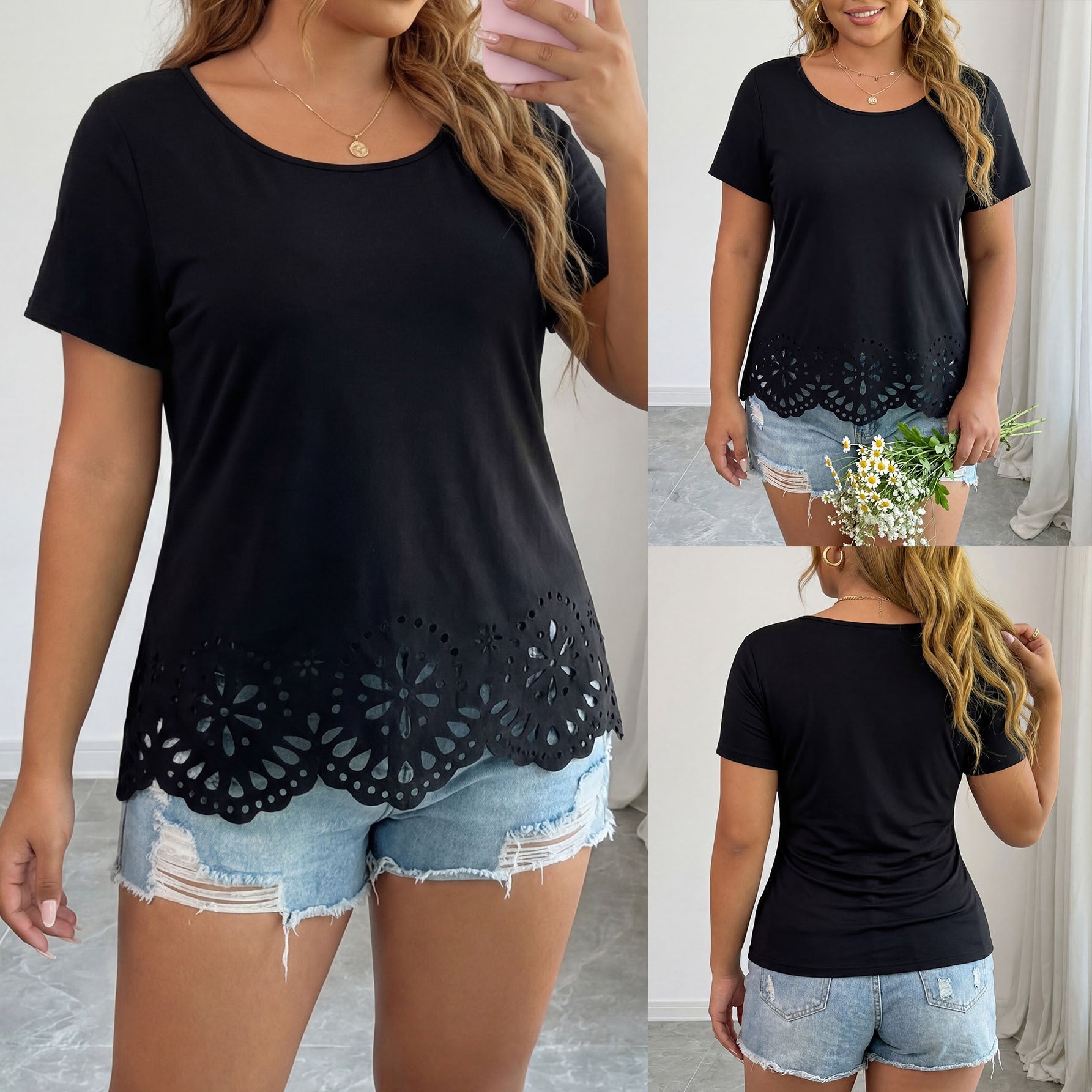 Damen modisches T-Shirt mit floralen Lochdetails R&B