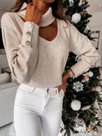 Damen eleganter Pullover mit hochwertigem Halsausschnitt und schicken Druckknöpfen R&B