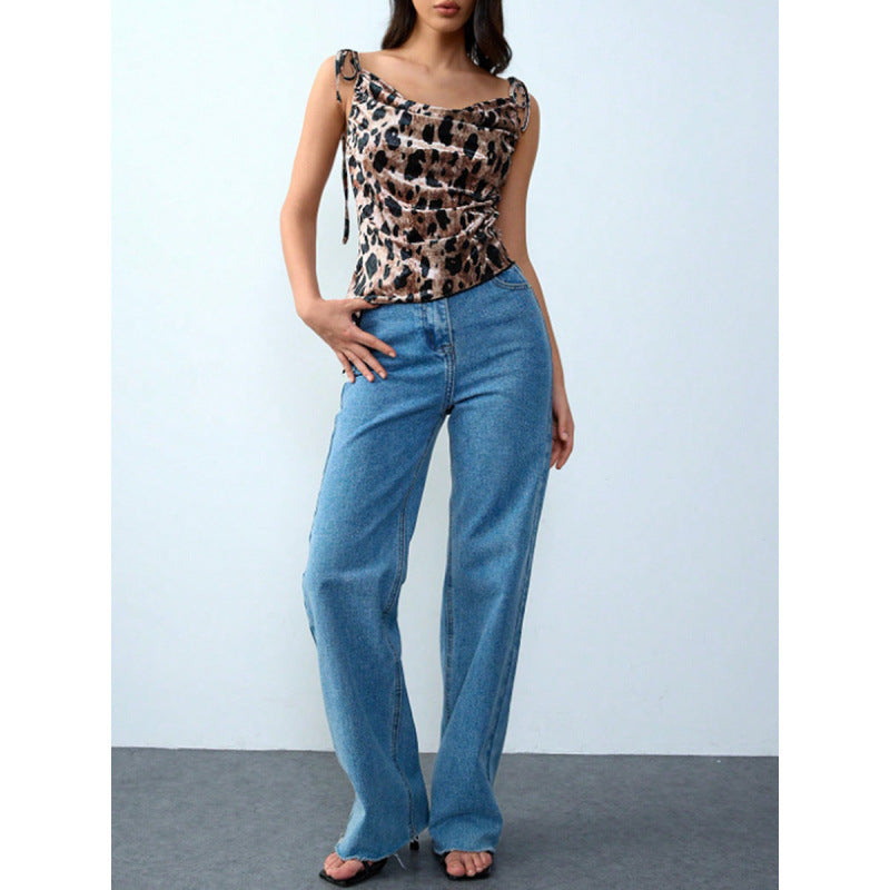 Damen Elegantes Leopardenmuster Spaghetti-Top mit gerafftem Detail R&B