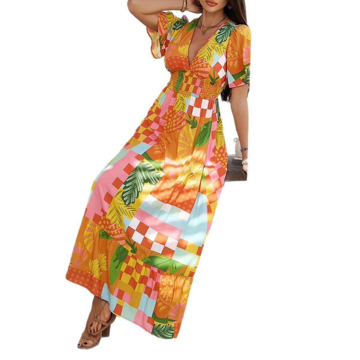 Damen Maxikleid mit raffiniertem V-Ausschnitt und eleganter Raffung R&B