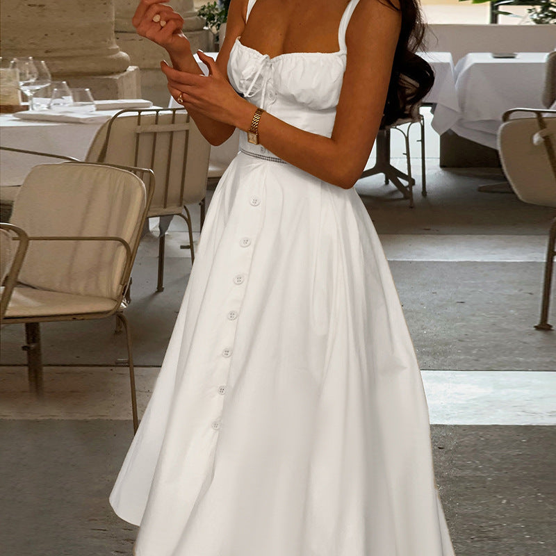 Damen langes Sommerkleid mit tailliertem Oberteil und eleganten Knopfdetails R&B