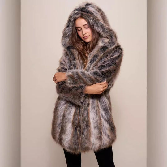 Damen Luxuriöser Kunstpelzmantel mit Kapuze R&B