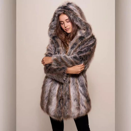 Damen Luxuriöser Kunstpelzmantel mit Kapuze R&B