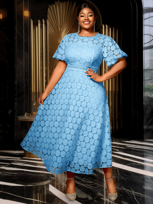 Damen Midi-Kleid mit eleganter Spitzenapplikation und Puffärmeln R&B