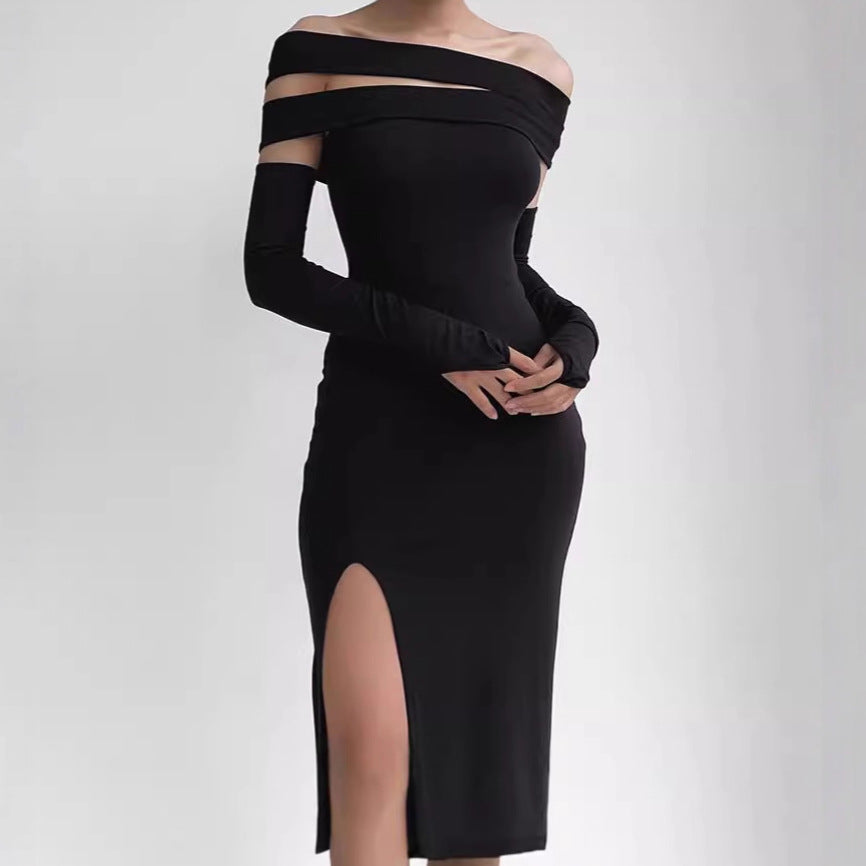 Damen Elegantes Maxikleid mit Off-Shoulder-Dekolleté und langem Schlitz R&B