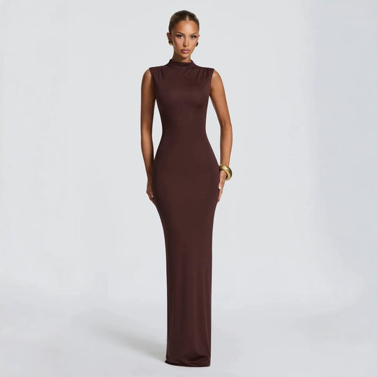 Damen Elegantes langes Kleid mit hohem Kragen und figurbetonter Silhouette R&B