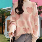 Damen Gemusterter Strickpullover mit Herz-Applikationen und Rippkragen R&B