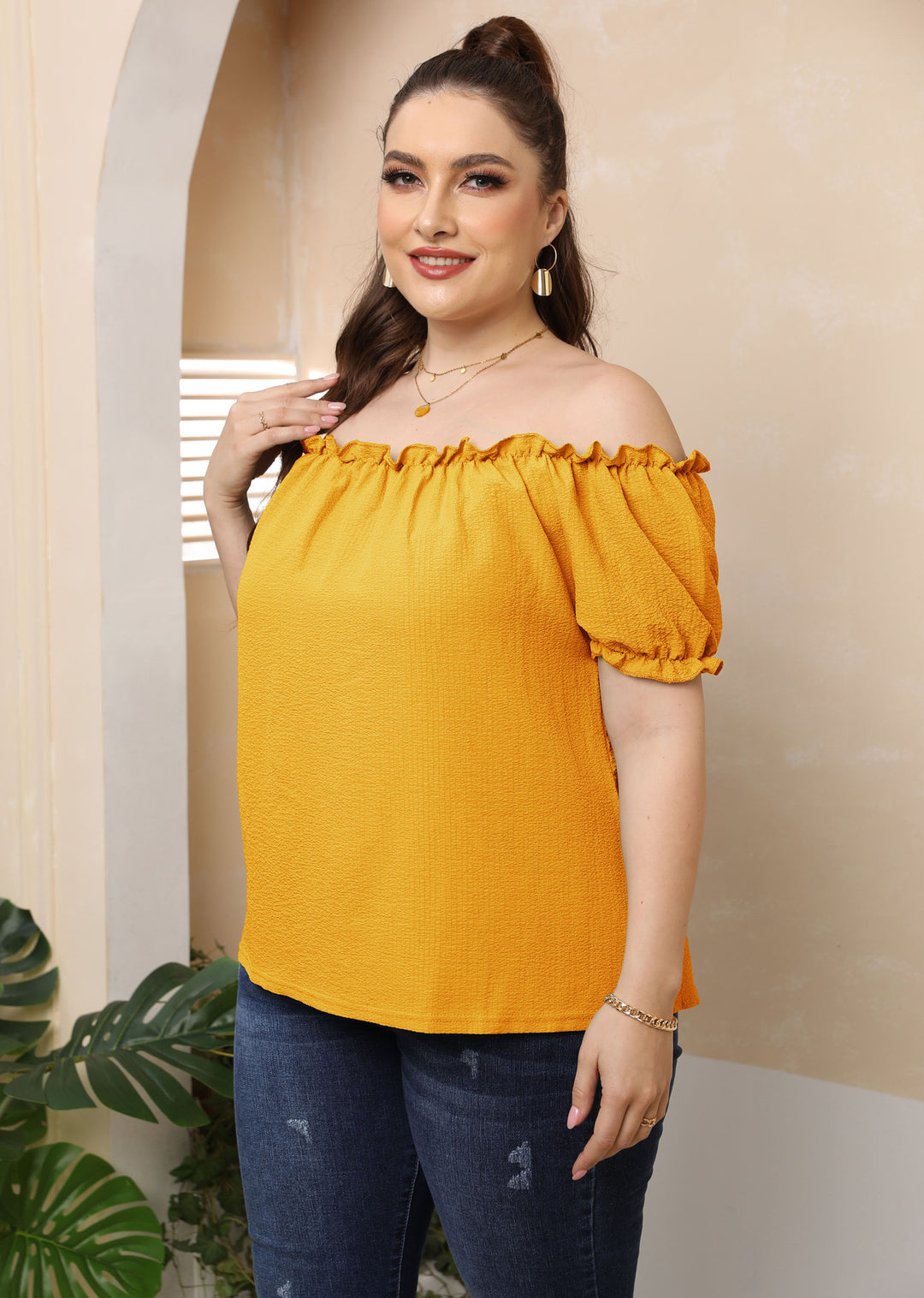 Damen Off-Shoulder Oberteil mit Volant R&B
