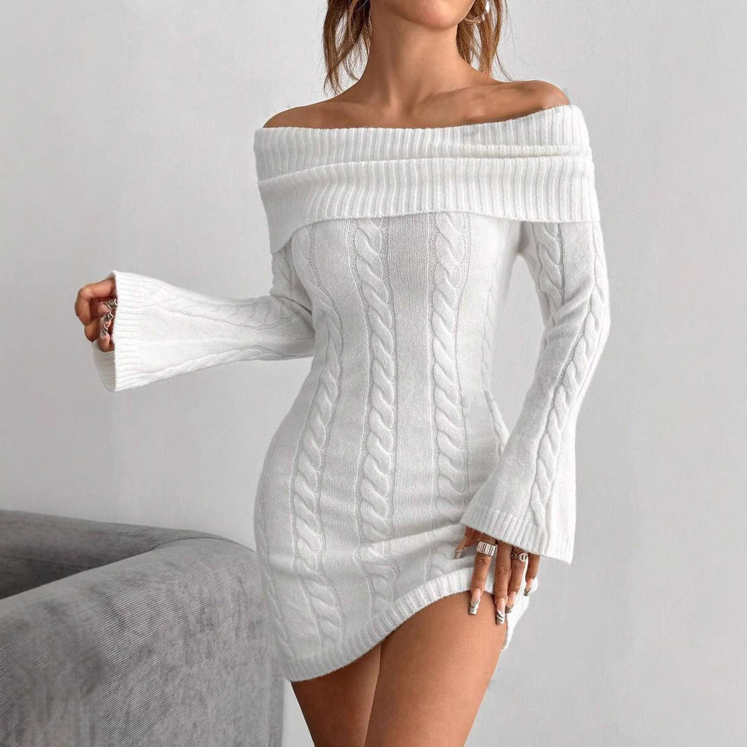 Damen figurbetontes Strickkleid mit weitem Ausschnitt R&B