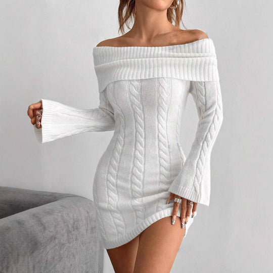 Damen figurbetontes Strickkleid mit weitem Ausschnitt R&B
