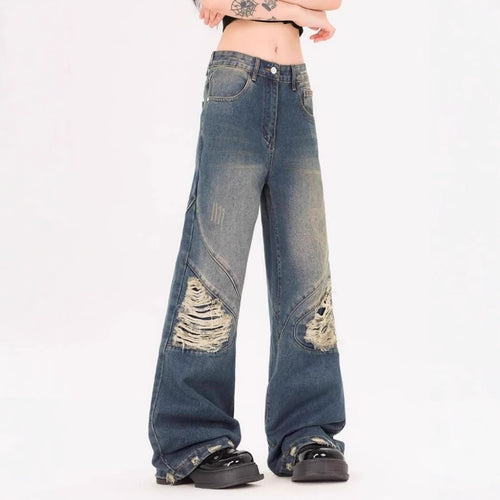 Damen Weite Jeans mit ausgefranstem Design und modischen Rissdetails R&B