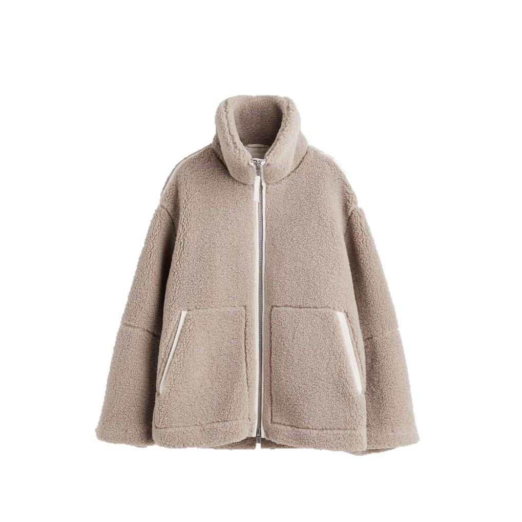 Damen oversized Fleecejacke mit hochschließendem Kragen und praktischen Taschen R&B