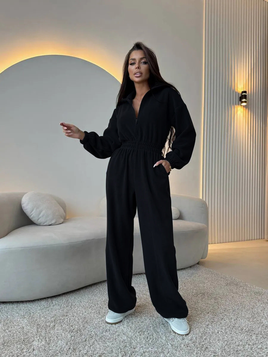 Damen eleganter Jumpsuit mit kurzem Reißverschluss und elastischem Bund R&B