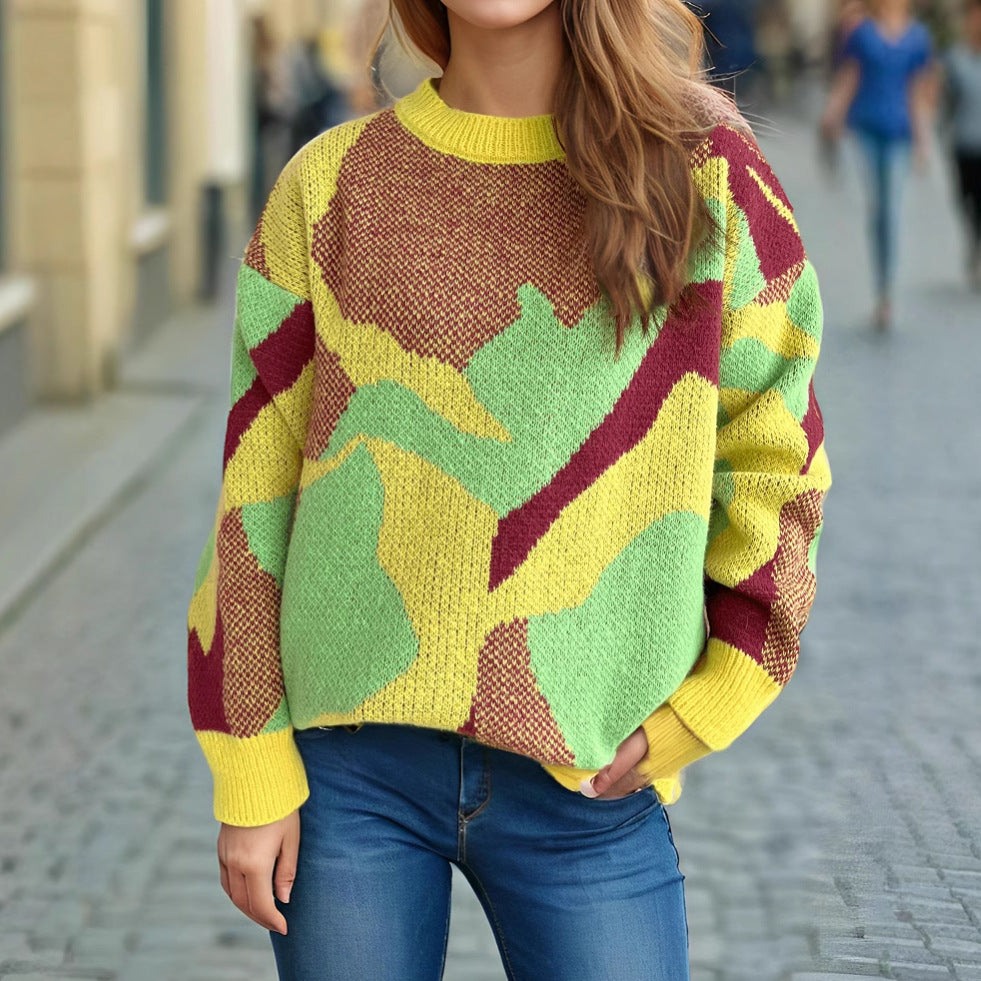 Damen gemütlicher Strickpullover mit modernem Farbblockdesign R&B