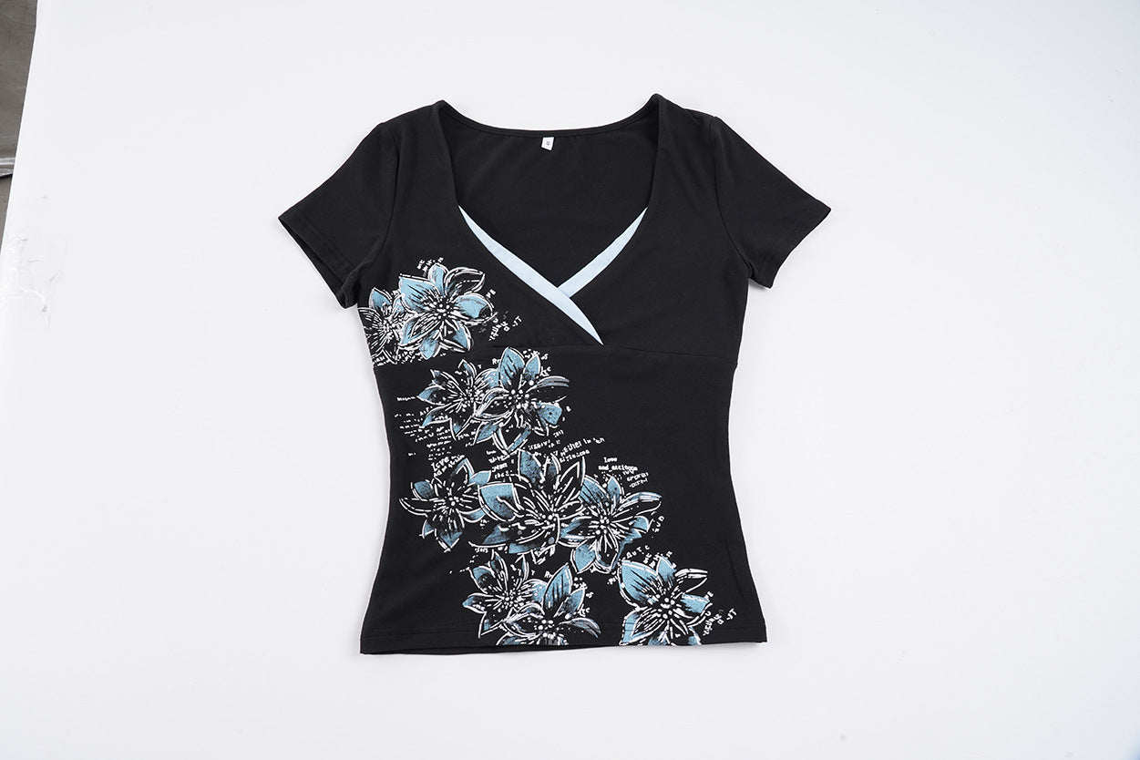 Damen figurbetontes T-Shirt mit floralem Druck und V-Ausschnitt R&B