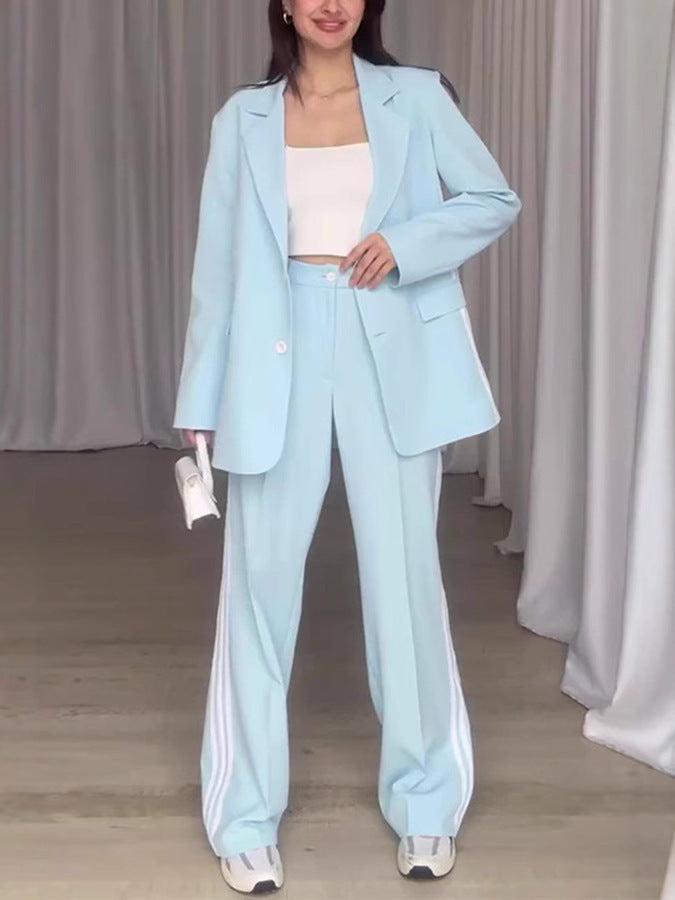 Damen Modisches Blazer-Hosen-Set mit kontrastierenden Streifen R&B