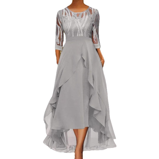 Damen nan edles Chiffon-Abendkleid mit besticktem Tülloberteil, Dreiviertelärmeln und asymmetrischem Stufen-Saum R&B