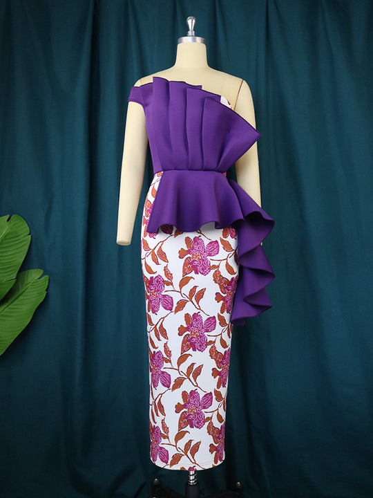Damen elegantes Kleid mit asymmetrischem Rüschendesign und floralen Mustern R&B