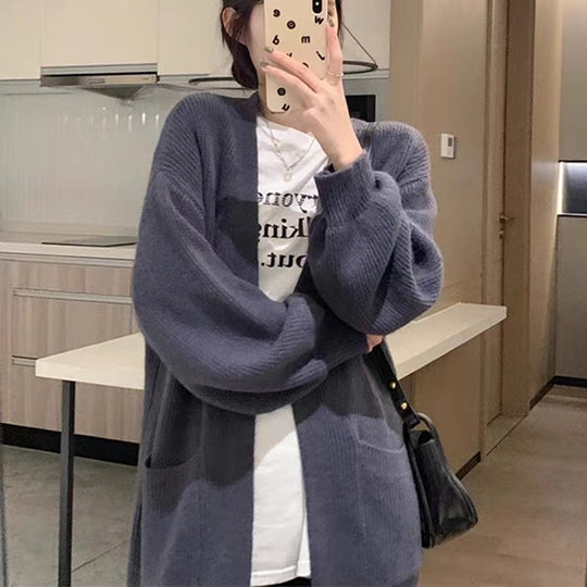 Damen Langer Strickcardigan mit praktischen Taschen und eleganter Silhouette R&B
