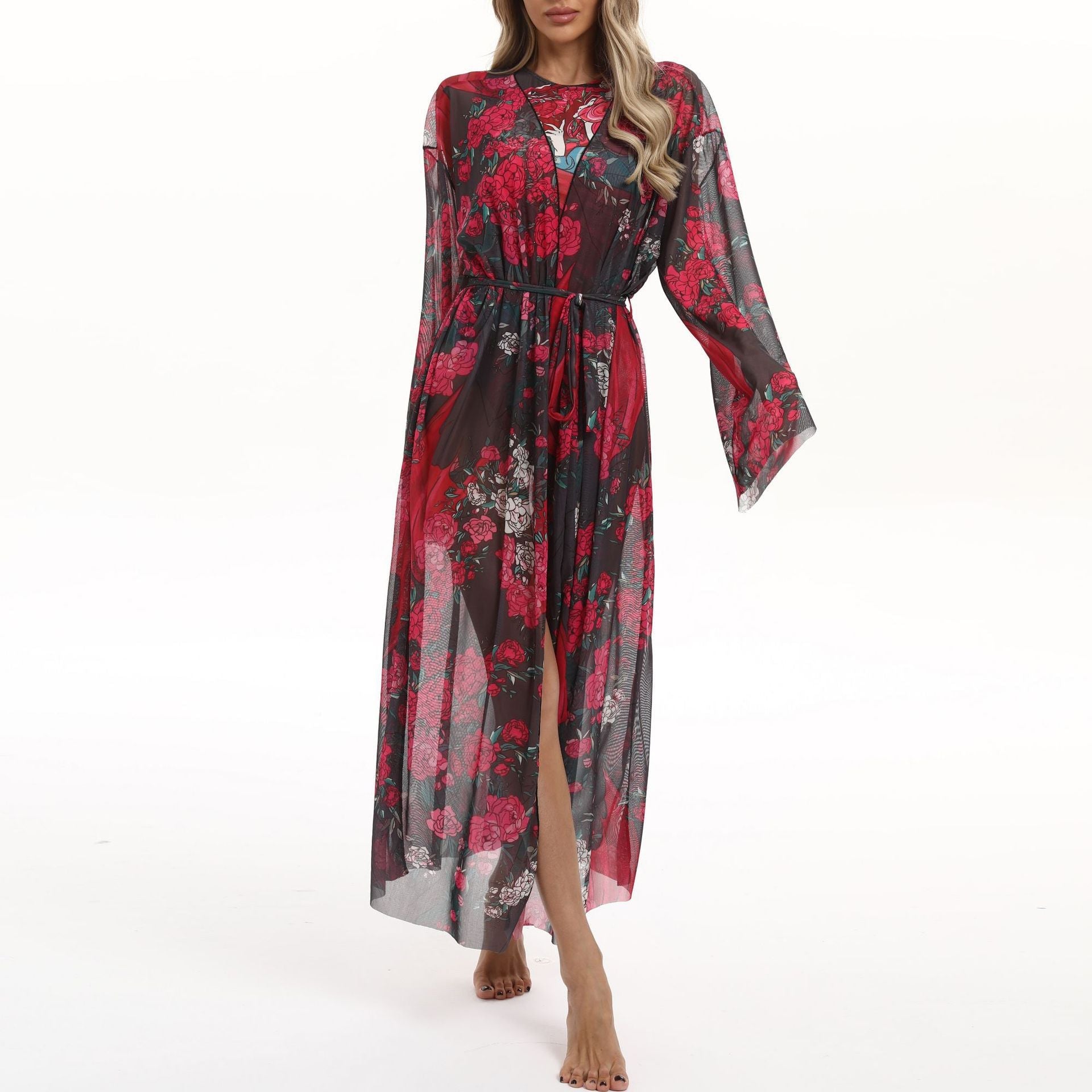 Damen Transparenter Strandkimono mit floralen Mustern R&B