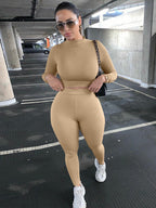 Damen Sportliches Crop-Top und Leggings-Set aus elastischem Material R&B