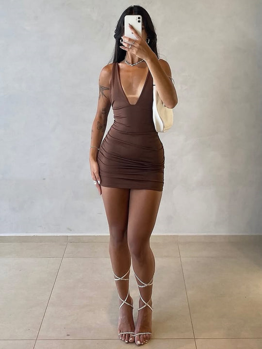 Damen figurbetontes Minikleid mit tiefem V-Ausschnitt und Raffung R&B