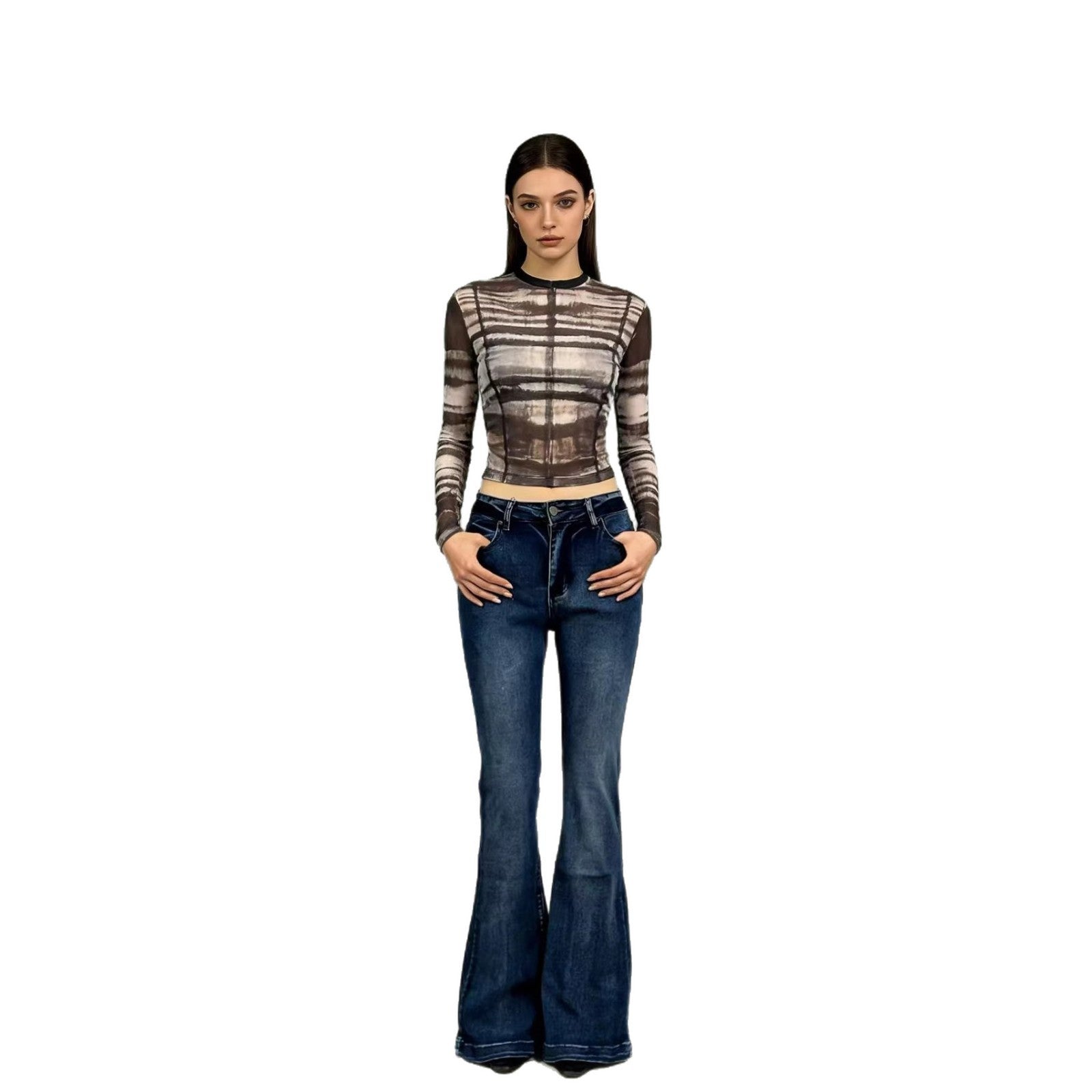 Damen elegante Cropped Bluse mit Puffärmeln und Stickmuster