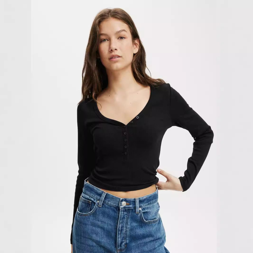 Damen Langarmshirt mit tiefem V-Ausschnitt und Knopfleiste R&B