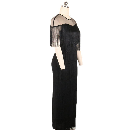 Damen Fransen Maxikleid mit halber Transparenz R&B