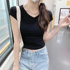 Damen Cropped T-Shirt mit V-Ausschnitt und figurbetontem Schnitt