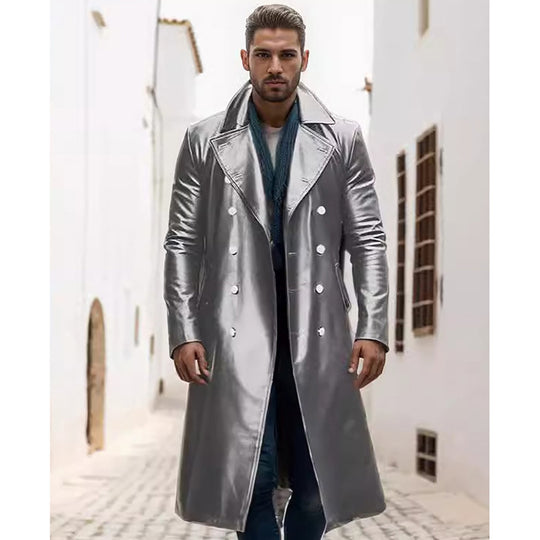 Herren Eleganter, glänzender Trenchcoat mit abnehmbarem Kragen R&B
