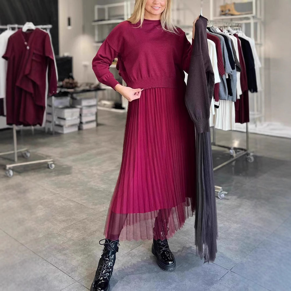 Damen Elegantes Faltenrock- und Pullover Set R&B