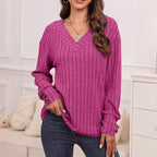 Damen Strickpullover mit V-Ausschnitt und dekorativen Knopfdetails
