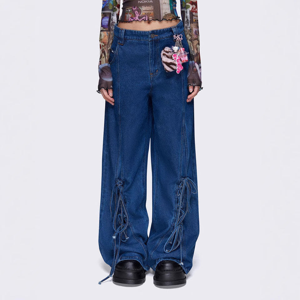 Damen Weit geschnittene Denim-Hose mit verstellbaren Kordeln R&B