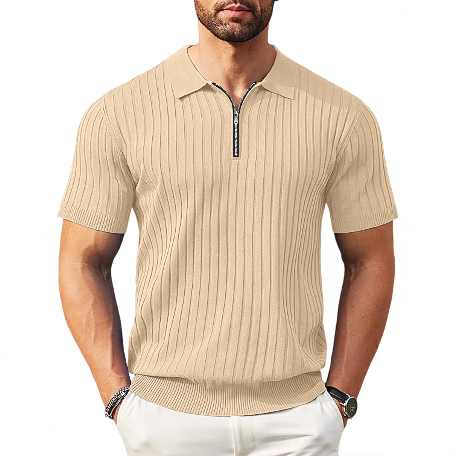 Herren nan elegantes strukturiertes Kurzarm-Strickpolo mit kurzem Metallreißverschluss und Hemdkragen R&B