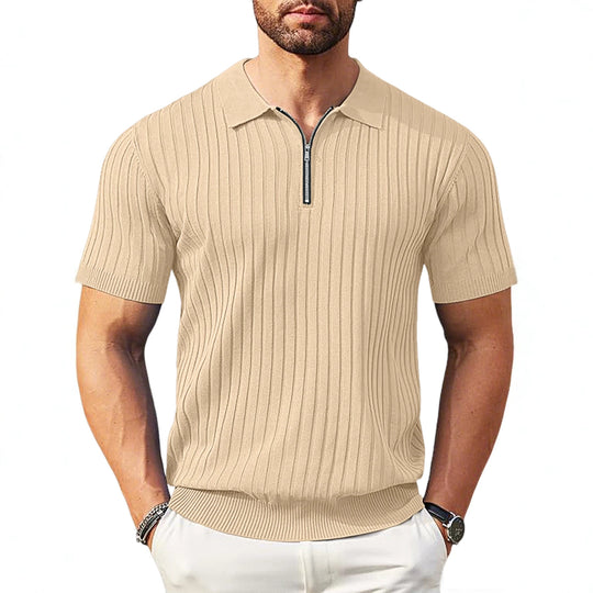 Herren nan elegantes strukturiertes Kurzarm-Strickpolo mit kurzem Metallreißverschluss und Hemdkragen R&B