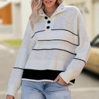 Damen modischer Strickpullover mit strukturiertem Kragen und Knopfdetails R&B