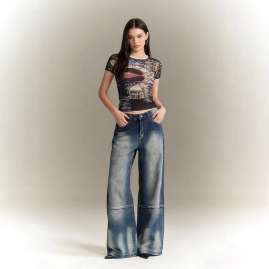 Damen Schlagjeans mit weitem Bein und modischen Waschungseffekten R&B
