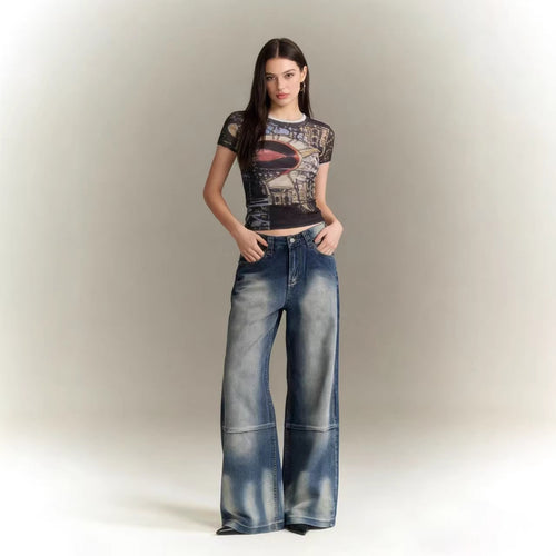 Damen Schlagjeans mit weitem Bein und modischen Waschungseffekten R&B