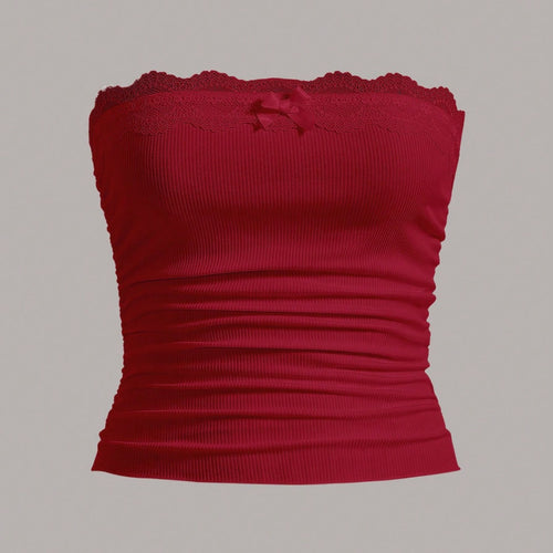 Damen Bandeau-Oberteil mit Spitzenbesatz und figurbetontem Schnitt R&B
