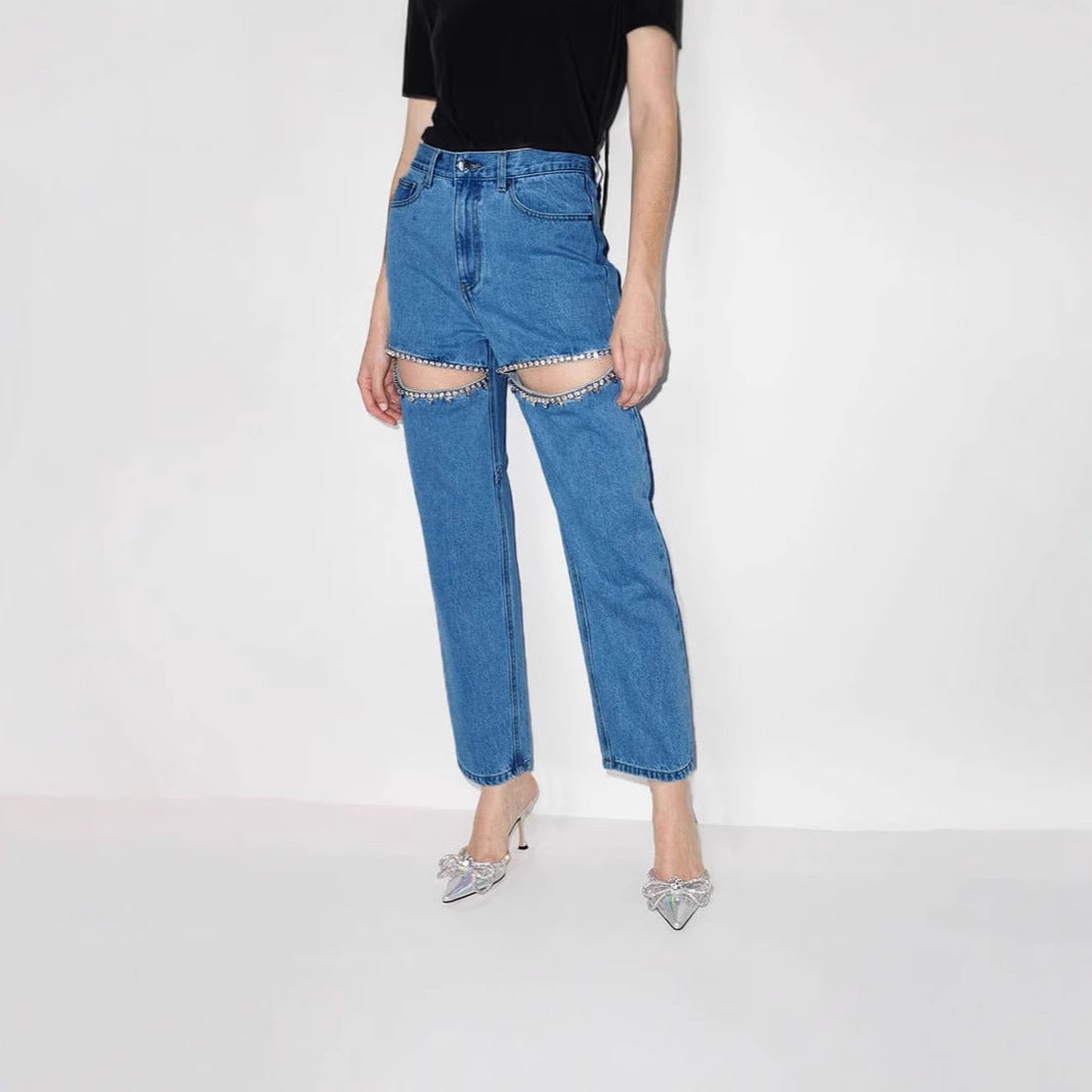 Damen Jeans mit ausgefallenem Cut-Out-Design und glitzernden Verzierungen R&B