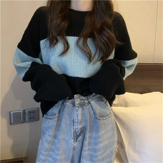 Damen Strickpullover mit weit geschnittenen Ärmeln und kontrastierendem Design R&B