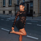 Damen Spitzenminikleid mit Raffungen und transparenten Ärmeln R&B