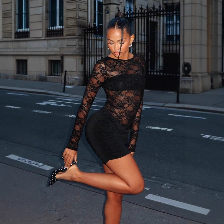 Damen Spitzenminikleid mit Raffungen und transparenten Ärmeln R&B