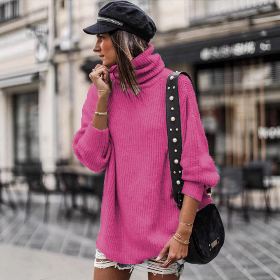 Damen oversized Strickpullover mit hohem Kragen und modischen Details R&B
