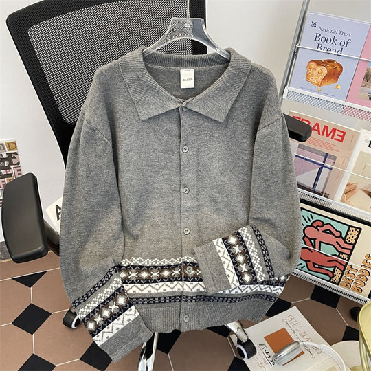 Damen Strickjacke mit elegantem Kragen und modischem Muster R&B