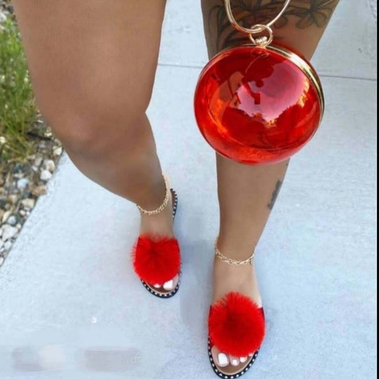 Damen nan Pompon-Pantolette mit softem Kunstfellball, Nietenrand und rutschfester Laufsohle R&B