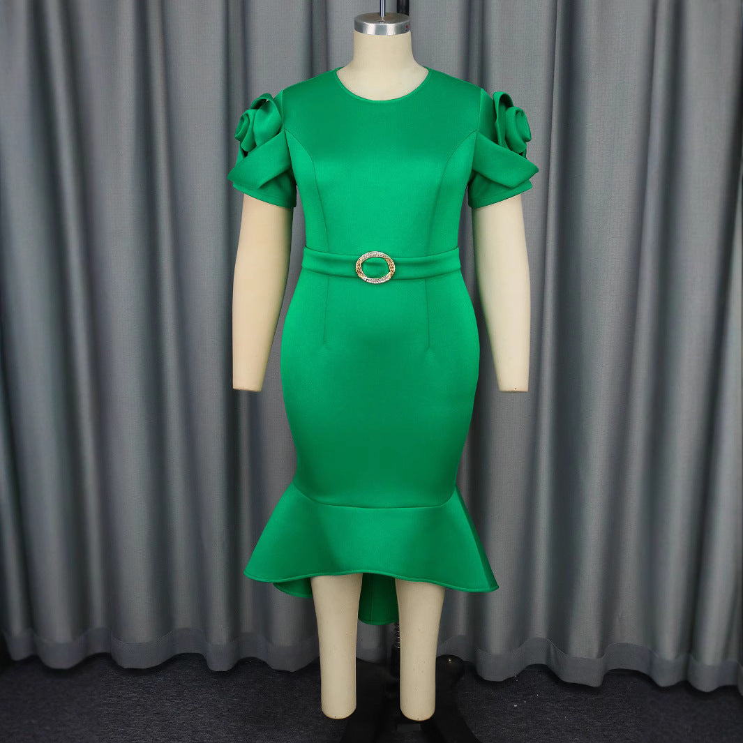 Damen figurbetontes Abendkleid mit Rüschensäumen und schickem Gürtel R&B